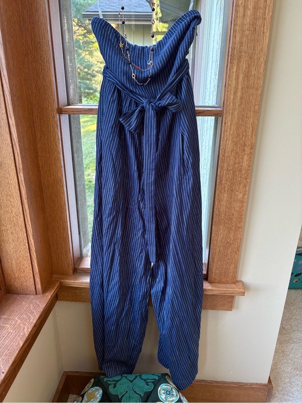 NWT Striped Navy Blue Strapless Jumpsuit with Self-Tie Waist Peplum Back Small